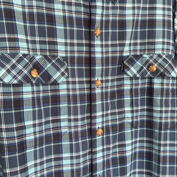 Duluth Trading Co shades of blue plaid button down shirt. Roll tab sleeves. XL. - Picture 3 of 11